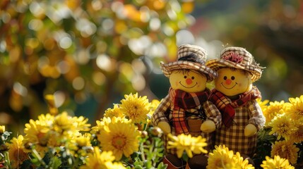 Cheerful scarecrows and sunlit yellow chrysanthemums