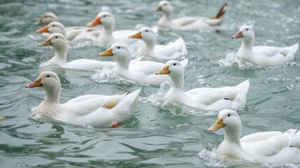 Obraz premium Flock of white domisticated duck swimming in the lake AI generate