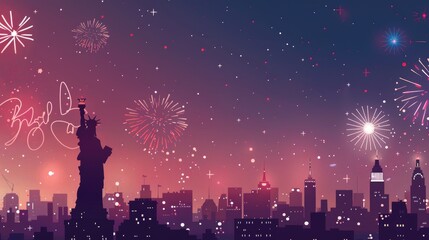 Illustrated fireworks over city skyline at night - Evocative illustration capturing fireworks exploding over a city skyline with recognizable landmarks and a starry sky