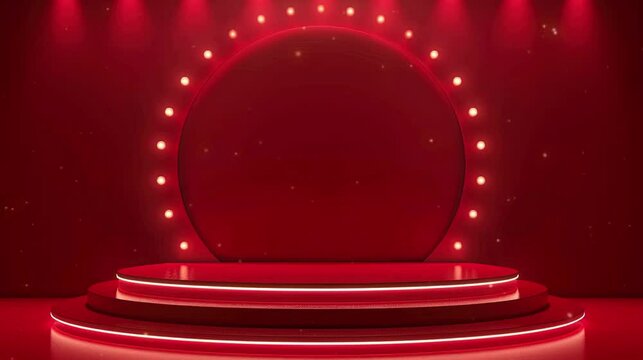 Podium with red background and spotlights, copy space for text, promotion, presentation, product display, product sale. 