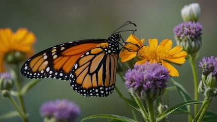 Delicate Monarch Butterfly Perched Up Close, Graceful Beauty: Monarch Butterfly Close-up, Intricate Details: Monarch Butterfly Perching, Elegant Monarch: Close-up Perch Pose.