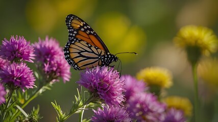 Obraz premium Delicate Monarch Butterfly Perched Up Close, Graceful Beauty: Monarch Butterfly Close-up, Intricate Details: Monarch Butterfly Perching, Elegant Monarch: Close-up Perch Pose.