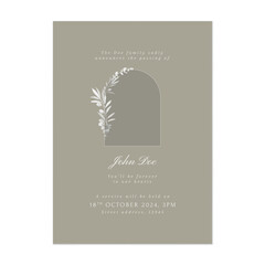 Floral funeral invitation template, minimalist olive leaves on green background