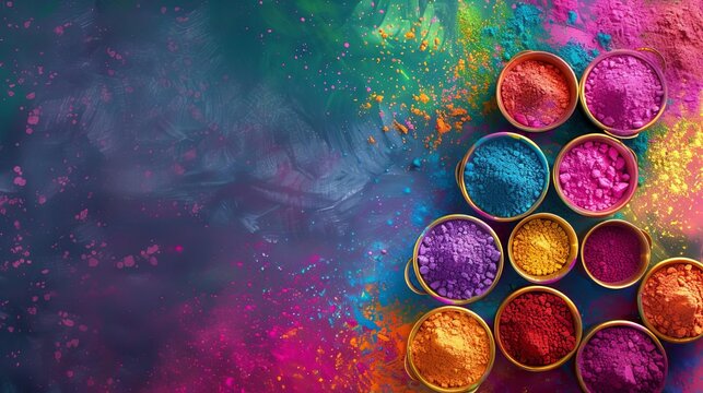 Top view of Holi celebration, brightly hued powders in neatly arranged bowls, dynamic splash of colors, capturing the festive spirit of Indian culture, photorealistic detail, blank area for text