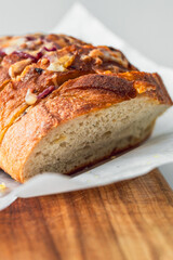 homemade stuffed bread loaf with cheese and caramelised onion