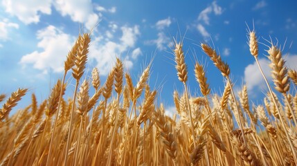 Fototapeta premium golden wheat field against blue sky and white cloud