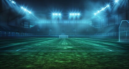 The brightly lit football stadium, the empty green grass under the dark night sky. Banner or poster design with large sports background. The concept of sports competition and the style of game action 