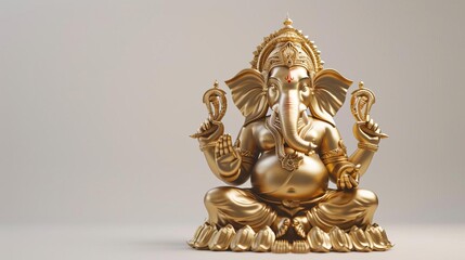 Fototapeta premium Wide-angle view of a resplendent golden Lord Ganesha sculpture, set against a pristine white background, illuminated with soft, ambient lighting, photorealistic detail