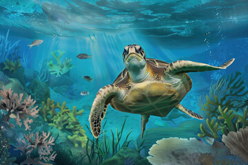 Obraz premium A turtle is swimming in the ocean with fish swimming around it
