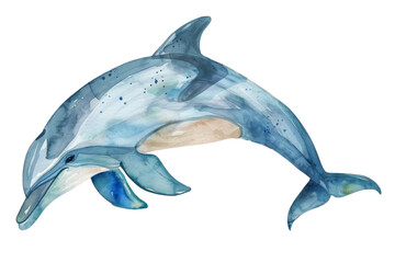 Fototapeta premium Watercolor painting of a blue dolphin is swimming in the ocean. Isolated on transparent background.