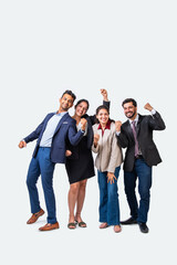 Indian asian young business professionals executive standing in group and looking at camera