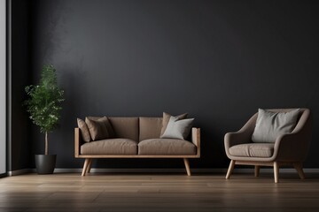 Interior home of living room with armchair and sofa on empty dark wall copy space