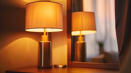 Warm lighting bronze modern lamp on wood table near mirror.