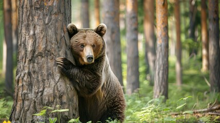 Wild Brown Bear (Ursus Arctos) leans against a tree in the autumn forest. Animal in natural habitat. Wildlife scene