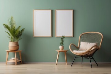 Interior home of living room with blank frame poster mock up and wicker chair on empty green wall copy space mock up