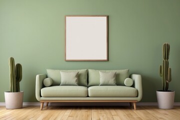 Interior home of living room with blank frame poster mock up on green sofa and cactus plant on green wall copy space