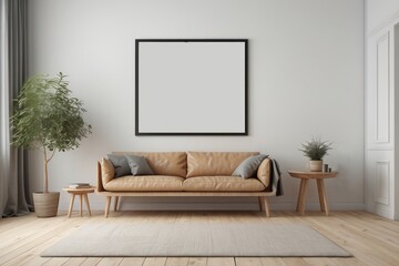 Interior home of living room with blank frame poster mock up and sofa on white wall copy space, hardwood floor, Scandinavian style