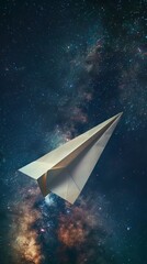 Paper airplane soaring through the starry night sky