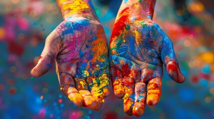Worms-eye view of hands vibrantly painted for Holi, colors splashing and dripping, photorealistic detail, bright and festive atmosphere