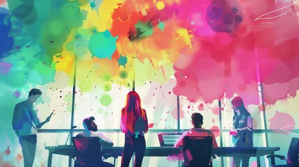 Colorful abstract art of office brainstorming session - An abstract depiction of a business brainstorming session, rendered in bright, splashy colors, emphasizing creativity and innovation in a corpor
