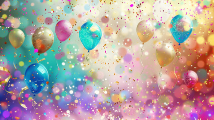 Colorful Celebration Background: Shimmering Confetti and Playful Ballons