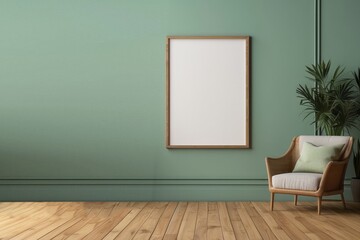 Interior home of living room with blank poster frame mock up on wooden armchair on pastel green wall, hardwood floor