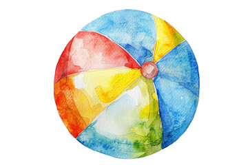 Fototapeta premium Watercolor painting of a beach ball with a red, yellow, and blue stripe. Isolated on transparent background.