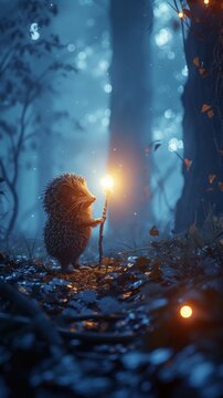 Hedgehog holding a glowing lantern in a mystical forest at night