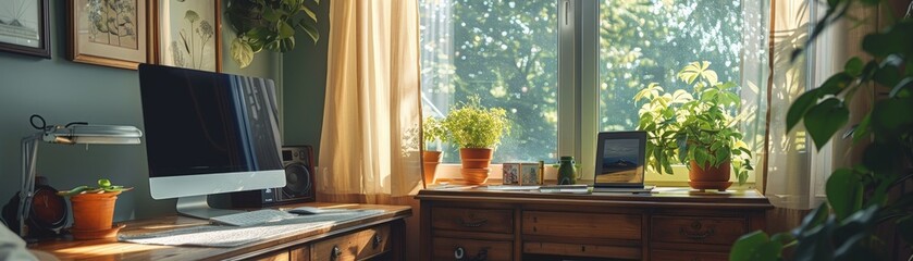 Bright and Cozy Home Office Retreat with Computer Desk Illuminated by Natural Light from Window