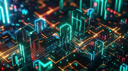 Digital technology background with a glowing neon cityscape and circuit board patterns. An abstract illustration of a digital landscape, a concept for big data or cyber security themes.