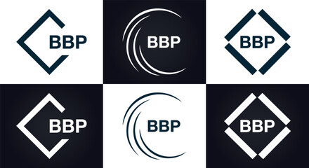 BBP logo. B B P design. White BBP letter. BBP, B B P letter logo design. B B P letter logo design in FIVE, FOUR, THREE, style. letter logo set in one artboard. B B P letter logo vector design.