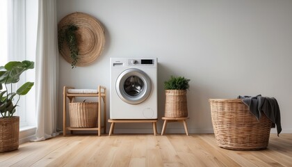 Interior home of laundry room with modern washing machine and rattan clothes basket on white wall, hardwood floor