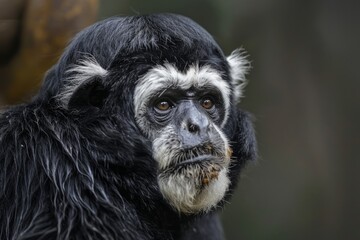 Black and white photo of a monkey with a distinctive white face. Primate portrait concept.