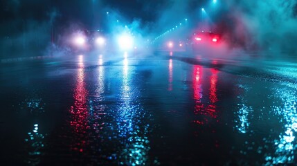Wet asphalt, reflection of neon lights, a searchlight, smoke. Abstract light in a dark empty street with smoke, smog. Dark background scene of empty street, night view, night