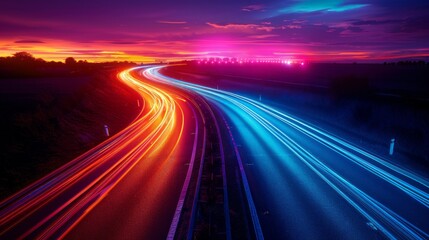 A mesmerizing vertical photograph capturing the futuristic ambiance of an illuminated UK highway at night. The gradient glow and vibrant bursts of color create a dynamic, fantasy-like atmosphere,