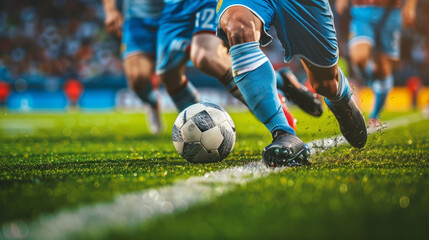 Obraz premium In a soccer game, a soccer player dribbles the ball, a soccer league, a World Cup,