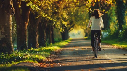 Woman Cycling in Nature on Scenic Tree-Lined Route