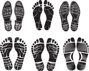 Footprints human silhouette vector set. Shoe sole print collection. Foot print tread, boots, sneakers. Impression icon barefoot Footsteps female, man and children, illustration
