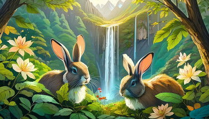 Two rabbits sitting in jungle with beautiful background 