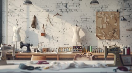 Photo of a fashion designer's studio with mannequins, Hanging Clothes, sewing machines, and colorful fabrics on the table. The walls have sketches and blueprints of designs and patterns.