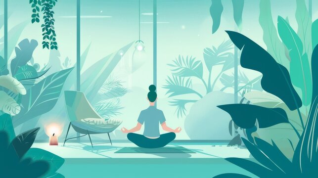 Yogo meditation, A flat illustration shows a person meditating in an indoor space with large windows, surrounded by plants and soft lighting.