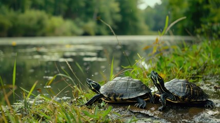 Obraz premium Mud turtles by the edge of a pond