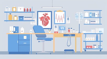 doctors office, flat vector illustration of medical icons in medical office, patient room,, surrounded by health symbols like a stethoscope and first aid kit on