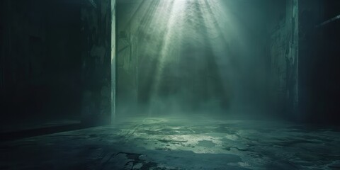 Surreal studio environment shrouded in misty darkness, with subtle light peeking through, offering an enigmatic and captivating atmosphere.