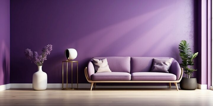 Interior home of living room with purple sofa and end table on ultra violet wall, hardwood floor