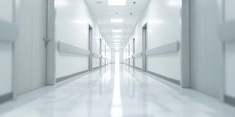 Obraz premium White out of focus hospital hallway with bright, clean walls, creating a sterile and calm atmosphere.