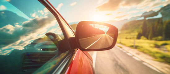 view side mirror of car summer roadtrip concept background