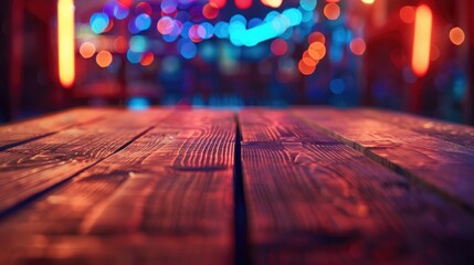 Wooden table, blurred bokeh background background. Neon light, night view, close-up. The general background of the interior, a dark background - Powered by Adobe