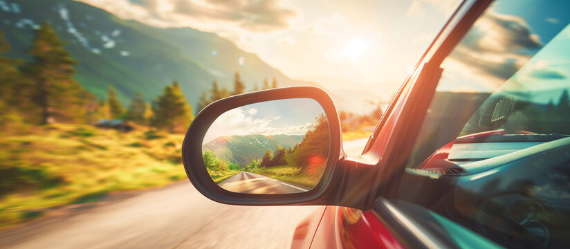 view side mirror of car summer roadtrip concept background