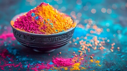 Vibrant holi powder in bowl on dark table.